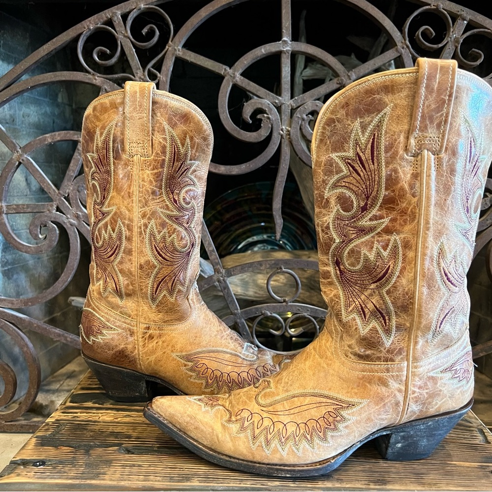 RARE Vintage Corral  Eagle Cognac Tan Burgundy/olive detail Cowboy Boots 8.5M - Picture 7 of 15